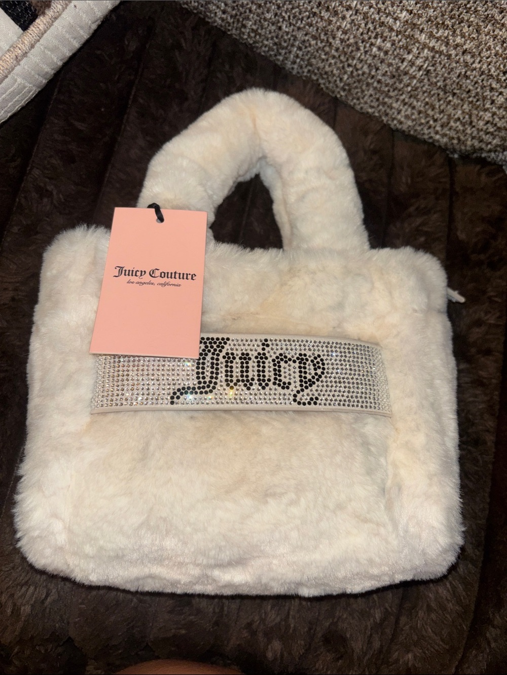 Juicy Couture Cream Faux-Fur mini Tote with Crystal 'Juicy' Panel